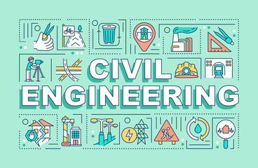 Civil engineering word concepts banner. Public works. Architectural design, construction. Infographics with linear icons on mint background. Isolated typography. Vector outline RGB color illustration