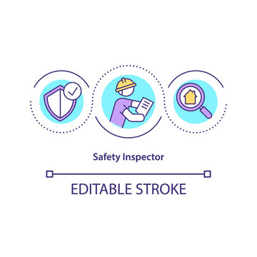 Safety Inspector Concept Icon. Inspecting Working And Health Conditions Idea Thin Line Illustration. Organizations And Equipment Checkup. Vector Isolated Outline RGB Color Drawing. Editable Stroke