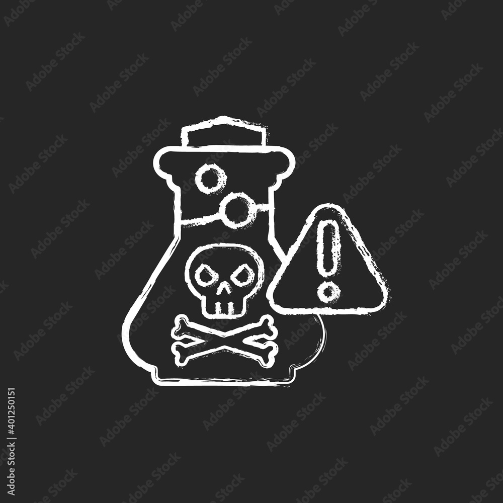 Sticker Chemical poisoning chalk white icon on black background. Cleaning supplies. Toxic household products. Overdose on vitamins and medicines. Using pesticides. Isolated vector chalkboard illustration