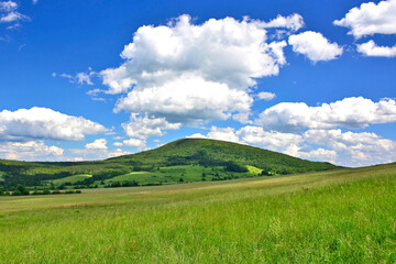 Beautiful summer landscape in the mountains with green meadows and forested hills, Low Beskids (Beskid Niski), Poland  - obrazy, fototapety, plakaty