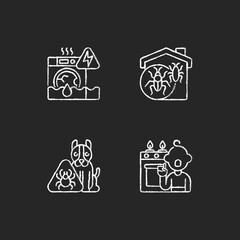 Unsafe home situations chalk white icons set on black background. Household appliances malfunction. Insect invasion. Pet hazards. Childhood trauma. Isolated vector chalkboard illustrations