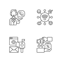 Marketing strategies linear icons set. Using telephone to reach different audiences and promote. Customizable thin line contour symbols. Isolated vector outline illustrations. Editable stroke