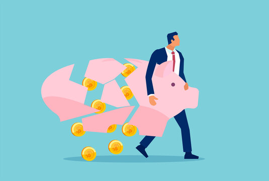 Vector of a business man holding breaking apart piggy bank loosing his savings