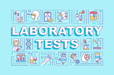 Laboratory tests word concepts banner. Health care system upgrading due to pandemic. Infographics with linear icons on blue background. Isolated typography. Vector outline RGB color illustration