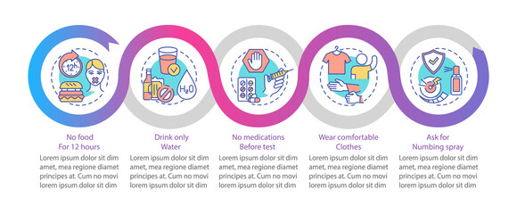 Blood test advices vector infographic template. Water drinking, numbing spray presentation design elements. Data visualization with 5 steps. Process timeline chart. Workflow layout with linear icons © IMG visuals icons