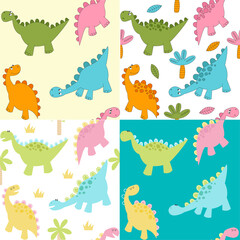 set seamless background with cartoon dinosaurs. Bright pattern, summer, cactus
