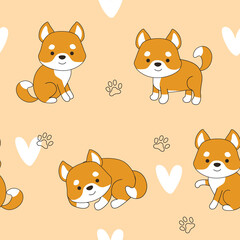 pattern with cute dog. Puppy. the cartoon dog lies. the dog is sitting. the dog is playing. redhead puppy. shibu inu
