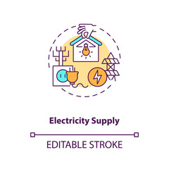 Electricity supply concept icon. Power connection. High voltage. Industrial technology. Civil engineering idea thin line illustration. Vector isolated outline RGB color drawing. Editable stroke