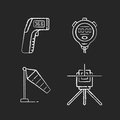Measuring tools chalk white icons set on black background. Infrared thermometer. Handheld timepiece. Windsock. Laser line level. Wind direction and speed. Isolated vector chalkboard illustrations