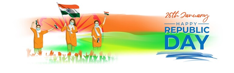 Obraz na płótnie Canvas Vector Indian Patriotic concept banner for Indian republic day-26 January with abstract tricolor background, redfort, people with mask holding India flag, illustration poster.