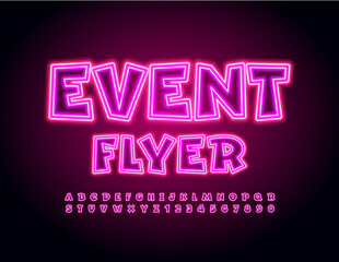 Vector Neon template Event Flyer. Pink electric Font. Glowing Led Alphabet Letters and Numbers set