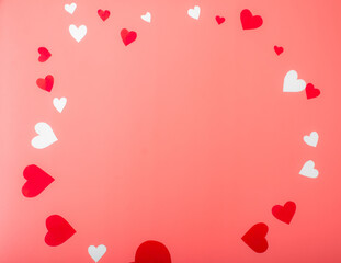 Hearts on a red background. Background for Valentine's Day, place for text.