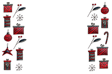 Fototapeta premium Hand drawn seasonal greeting card. Festive illustration on white background. Christmas and New Year holidays. Winter season