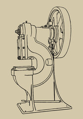 Powerful cutting and punching press in three-quarter view isolated on a beige background, after a drawing from the 19th century