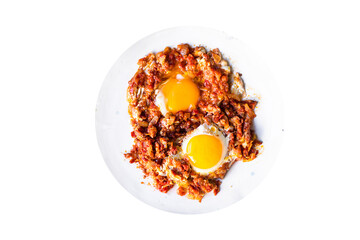 english breakfast eggs fried tomato and vegetables shakshuka omelette snack on the table healthy meal snack top view image copy space for text food background outdoor rustic 