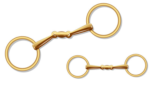 French link ring snaffle bit with lozenge in yellow gold metal isolated on white. Vector image