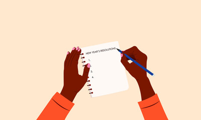 Black woman writing new year's resolutions in her notebook. A list of goals concept. Diversity. Female hand. Colorful, modern vector illustration in cartoon flat style.
