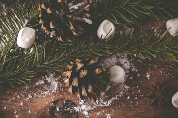 Christmas cones and branches on wooden marshmallow boards - 401252792