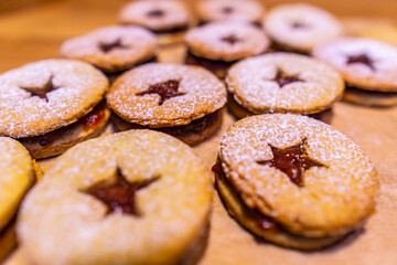 Jelly cookies star with red jam homemade
