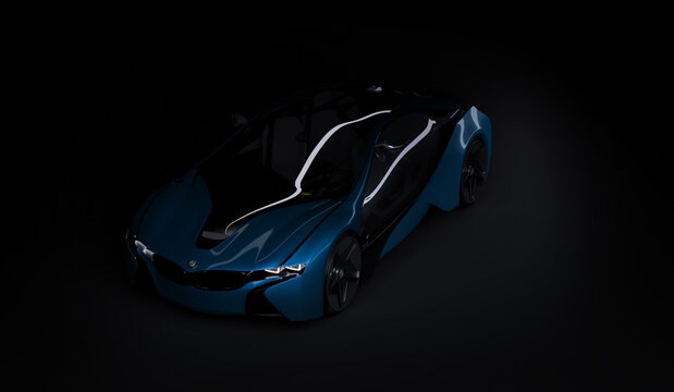Almaty, Kazakhstan August 10, 2019. BMW i8 concept on the dark isolated background. 3D render