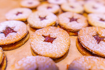 Jelly cookies star with red jam homemade