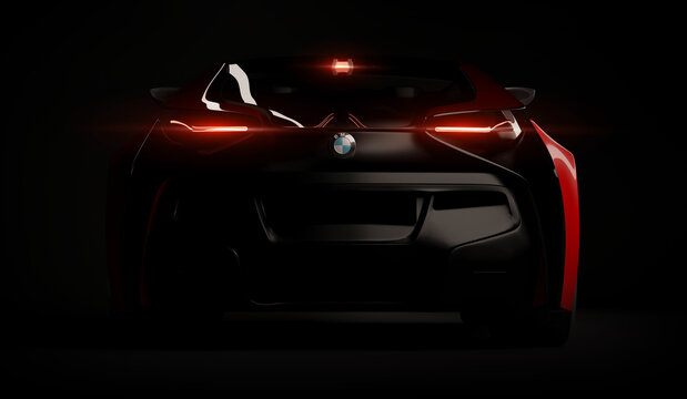 Almaty, Kazakhstan August 10, 2019. BMW i8 concept on the dark isolated background. 3D render