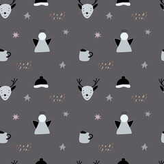 Christmas pattern with angels, deers and hats in grey background color