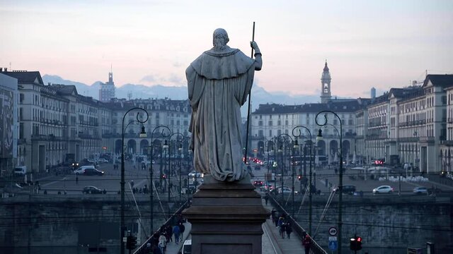 Turin Piazza Vittorio, Italy. Beautiful square in Turin from Gran Madre church. with Mole Antonelliana on background during lockdown for corona virus pandemic