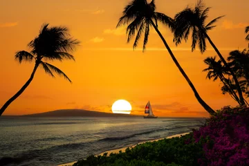 Tuinposter Hawaiian sunset with sailboat and mountains © jdross75