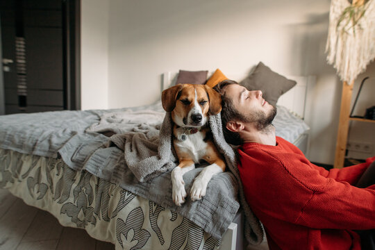happy man with cute dog in bedroom on bed