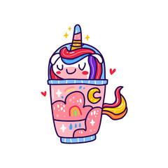 Kawaii cute unicorn inside drink cup. Doodle animal