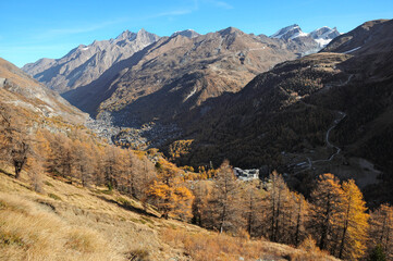Larch forests color the slopes around Zermatt in autumn.