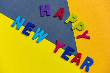 Happy new year font art colorful texting for greeting or celebrate card with colorful background, Sensitive Focus