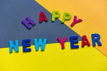 Happy new year font art colorful texting for greeting or celebrate card with colorful background, Sensitive Focus