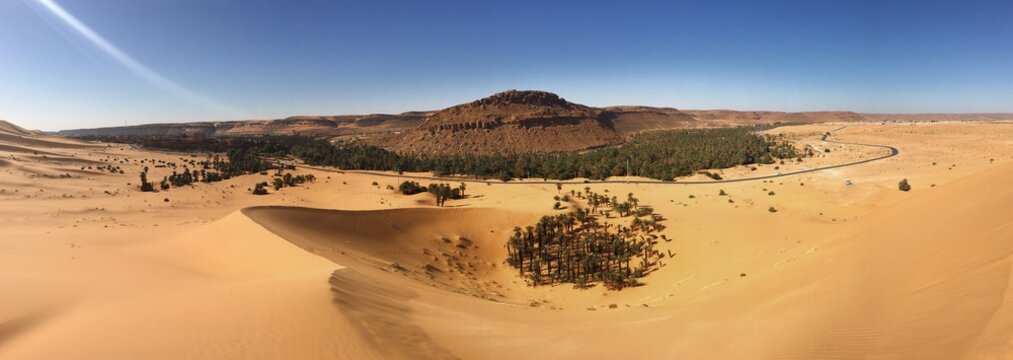 Panoramic view desert of North Africa Bechar Algeria, sandy Taghit desert