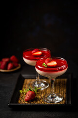 Italian panna cotta dessert with strawberry sirup and mint leaf