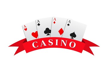 Red ribbon with the casino inscription combined with a four aces card combination. Can be used as a logo, banner, background. Vector illustration in a realistic style.