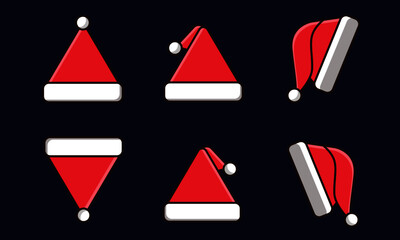 Santa Claus hat flat set. Winter clothes. Realistic Santa Claus  red hat isolated navy blue background. Christmas vector icon set.