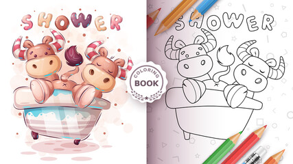 Cute ox, bull in bathroom - coloring book