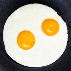 top view of two fried eggs on black plate close up