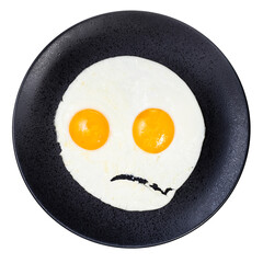 top view of fried eggs on black plate isolated