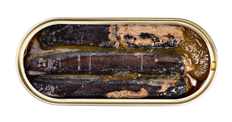 top view of smoked saury fishes in tin can isolated on white background