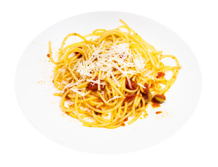 mixed Spaghetti alla Sorrentina on white plate isolated on white background