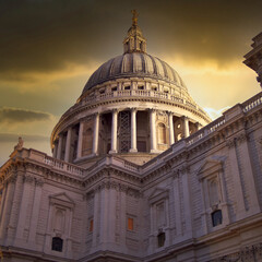 St Paul's cathedral dome under impressive sky, London UK