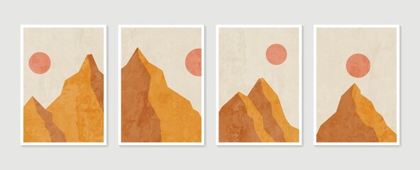 Mountain wall art set. Vector earth tones landscapes backgrounds set with moon and sun. Abstract arts design for wall framed prints, poster, cover, home decor, canvas prints, wallpaper.