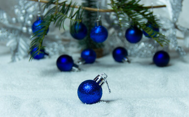 christmas blue round balls on white background.Glossy realistic elements for promo, party, event design.