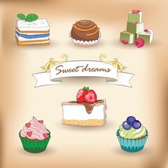Desserts illustration sweet dreams  yummy cupcake chocolate cartoon food