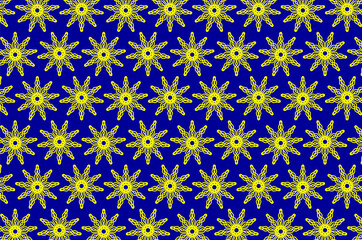 Abstract vector pattern - yellow and blue - snowflake, flower, star, sun