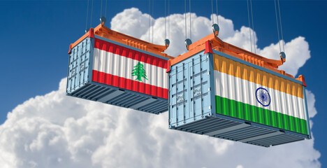 Freight containers with Lebanon and India national flags. 3D Rendering 