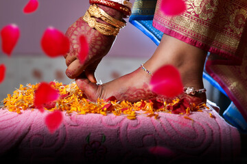 indian bride lag with flower stock photo